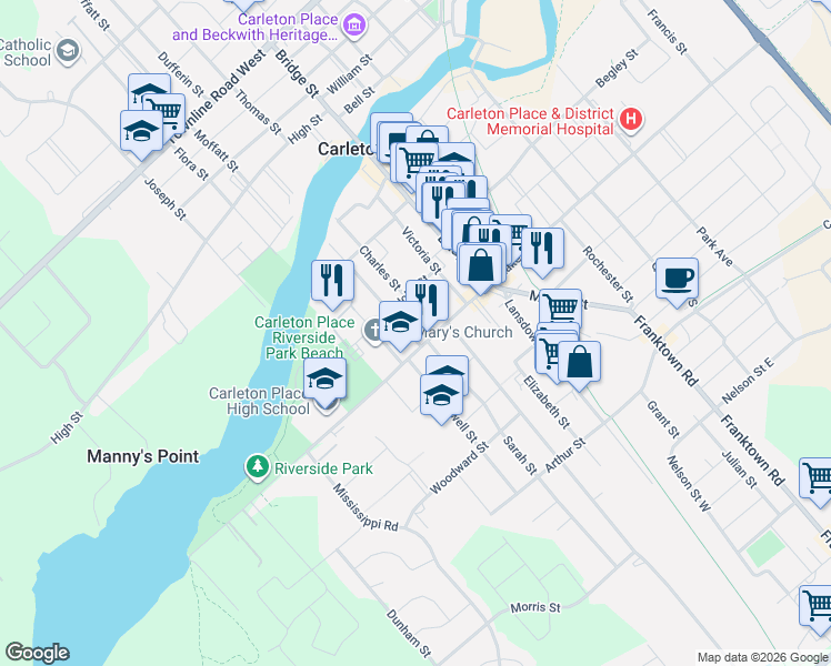 map of restaurants, bars, coffee shops, grocery stores, and more near 11 Frank Street in Carleton Place