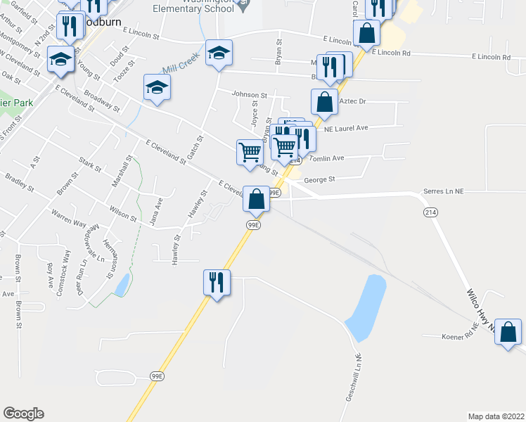 map of restaurants, bars, coffee shops, grocery stores, and more near 18 Highway 99E in Woodburn