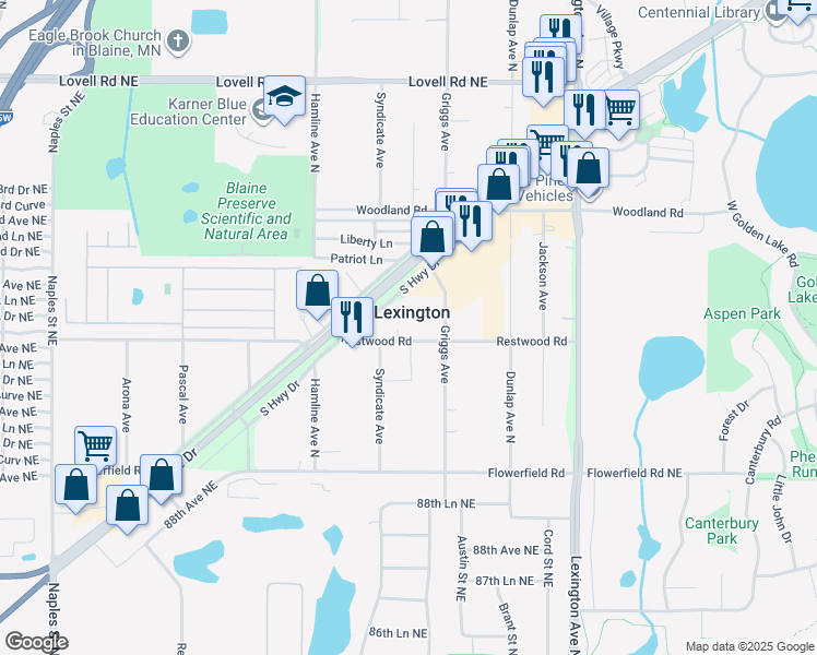 map of restaurants, bars, coffee shops, grocery stores, and more near 8893 Syndicate Avenue in Circle Pines