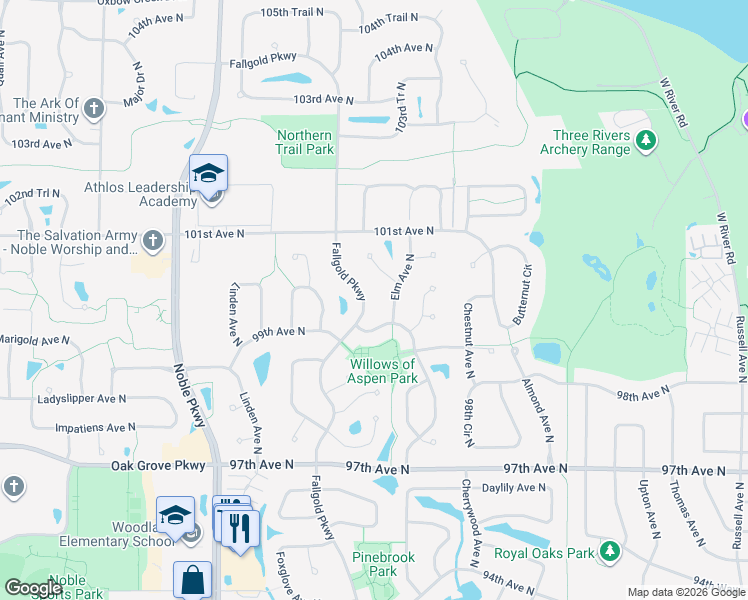 map of restaurants, bars, coffee shops, grocery stores, and more near 10003 Elm Avenue North in Minneapolis