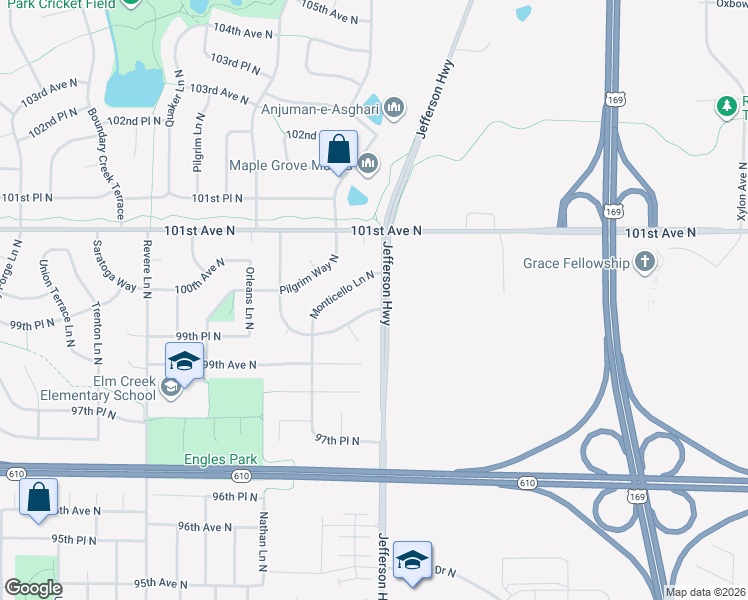 map of restaurants, bars, coffee shops, grocery stores, and more near 9505 99th Place North in Maple Grove