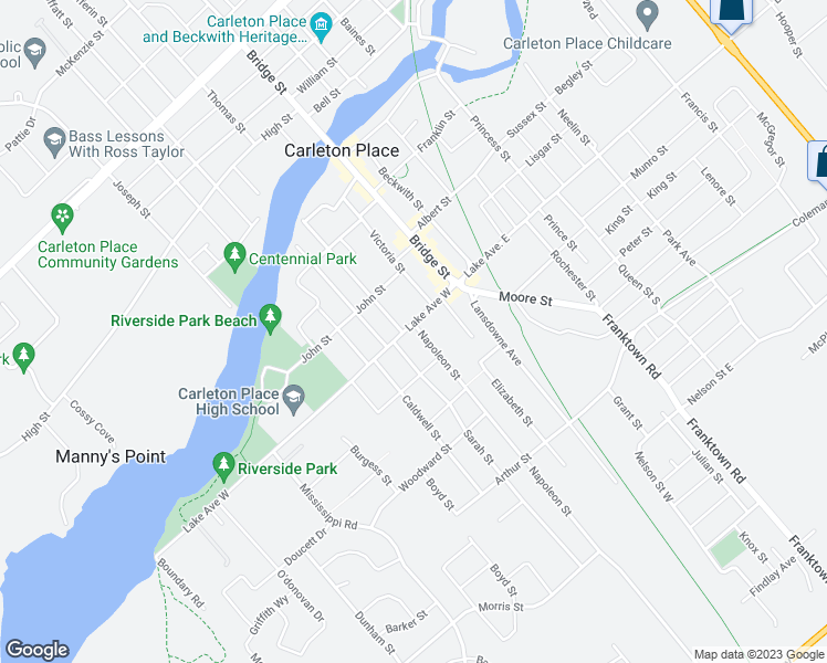 map of restaurants, bars, coffee shops, grocery stores, and more near 56 C Lake Avenue West in Carleton Place