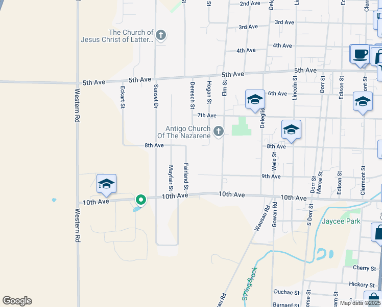 map of restaurants, bars, coffee shops, grocery stores, and more near 203 Fairland Street in Antigo