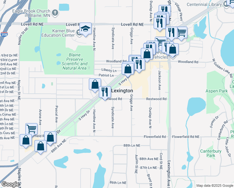 map of restaurants, bars, coffee shops, grocery stores, and more near 3811 Restwood Road in Circle Pines