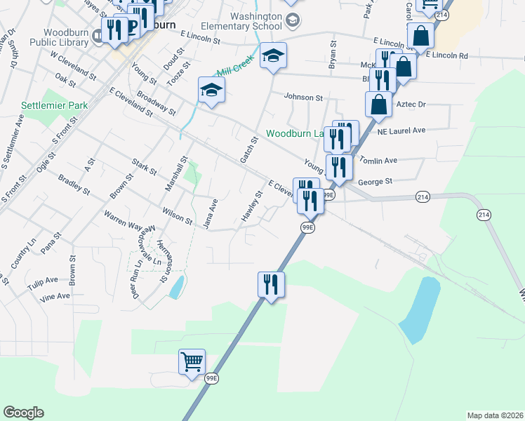 map of restaurants, bars, coffee shops, grocery stores, and more near 414 Paulus Court in Woodburn