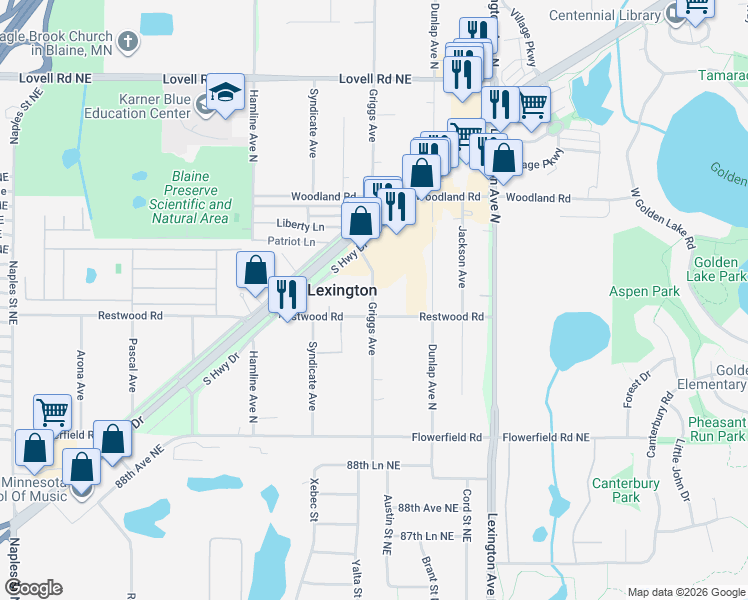map of restaurants, bars, coffee shops, grocery stores, and more near 8892 Griggs Avenue in Circle Pines