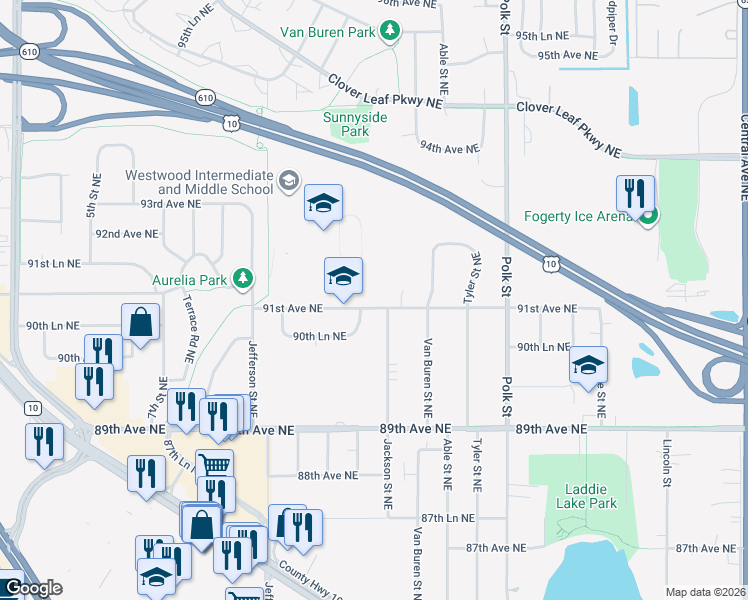 map of restaurants, bars, coffee shops, grocery stores, and more near 741 90th Lane Northeast in Blaine