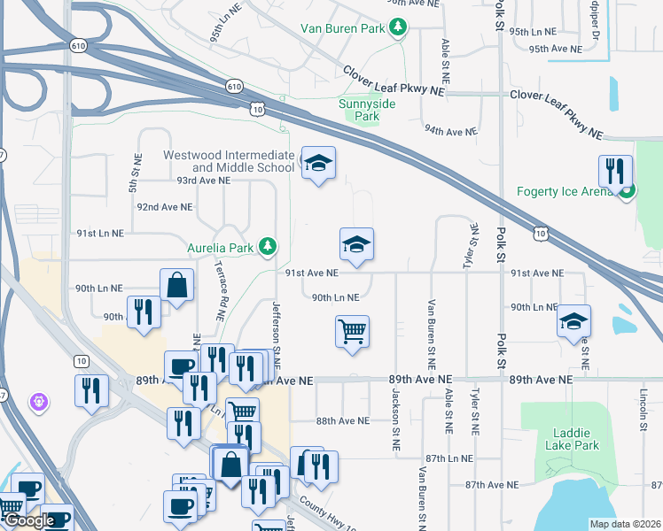 map of restaurants, bars, coffee shops, grocery stores, and more near 665 90th Lane Northeast in Blaine