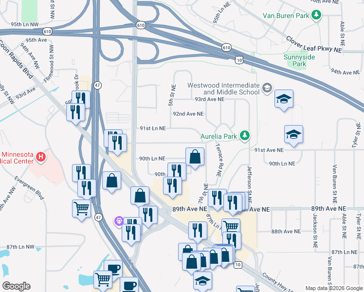 map of restaurants, bars, coffee shops, grocery stores, and more near 181 90th Lane Northeast in Blaine