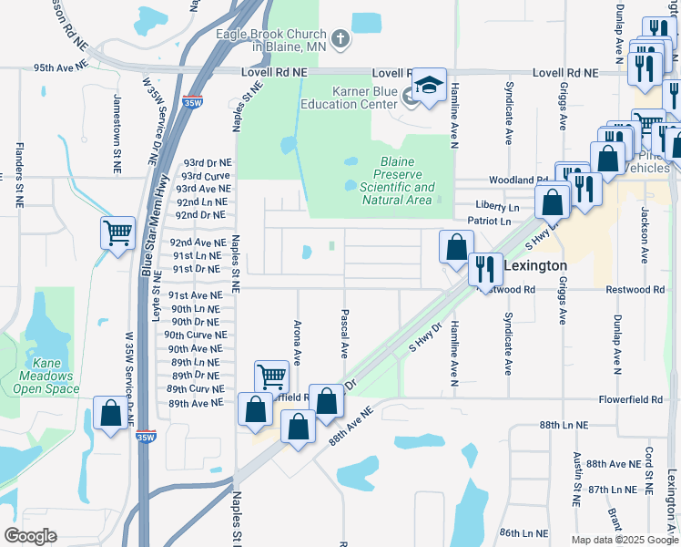 map of restaurants, bars, coffee shops, grocery stores, and more near 9114 Rendova Street Northeast in Circle Pines