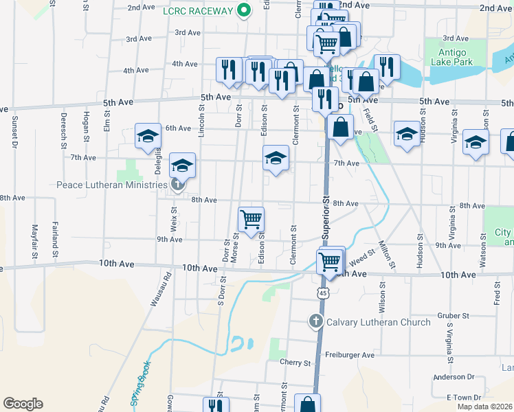 map of restaurants, bars, coffee shops, grocery stores, and more near 308 Edison Street in Antigo