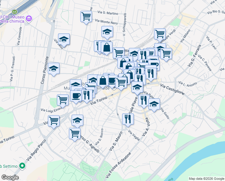 map of restaurants, bars, coffee shops, grocery stores, and more near 32/A Via Cavour in Settimo Torinese
