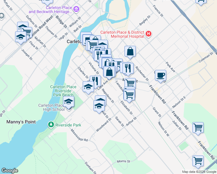 map of restaurants, bars, coffee shops, grocery stores, and more near 18 Macarthur Avenue in Carleton Place