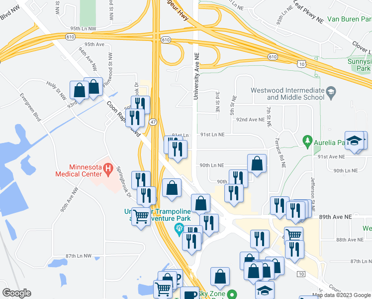 map of restaurants, bars, coffee shops, grocery stores, and more near 59 91st Avenue Northwest in Coon Rapids
