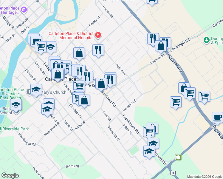 map of restaurants, bars, coffee shops, grocery stores, and more near 277 Coleman Street in Carleton Place