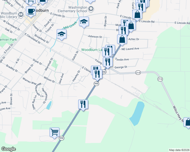 map of restaurants, bars, coffee shops, grocery stores, and more near 119 North Pacific Highway in Woodburn