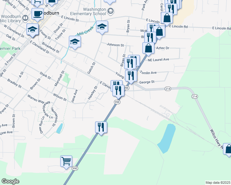 map of restaurants, bars, coffee shops, grocery stores, and more near 119 North Pacific Highway in Woodburn