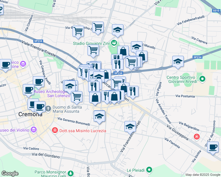 map of restaurants, bars, coffee shops, grocery stores, and more near 30 Via Arcangelo Ghisleri in Cremona