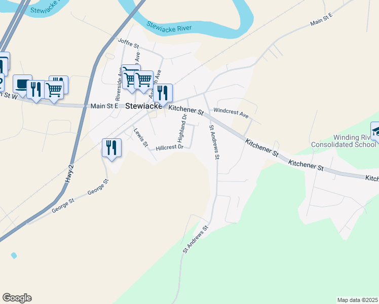 map of restaurants, bars, coffee shops, grocery stores, and more near 22 Hillcrest Drive in Stewiacke