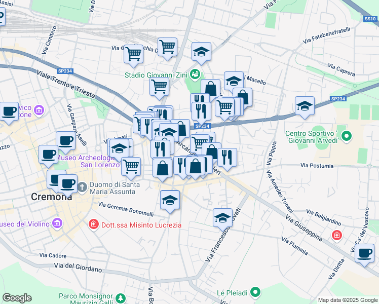 map of restaurants, bars, coffee shops, grocery stores, and more near 30 Via Arcangelo Ghisleri in Cremona