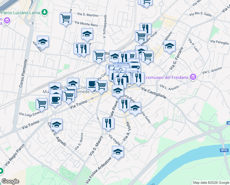 map of restaurants, bars, coffee shops, grocery stores, and more near 1 Via San Francesco D'Assisi in Settimo Torinese