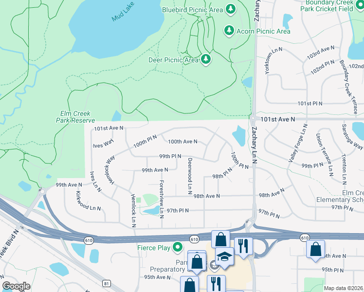 map of restaurants, bars, coffee shops, grocery stores, and more near 11624 100th Avenue North in Maple Grove
