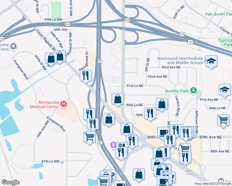map of restaurants, bars, coffee shops, grocery stores, and more near 9118 Butternut Street Northwest in Minneapolis