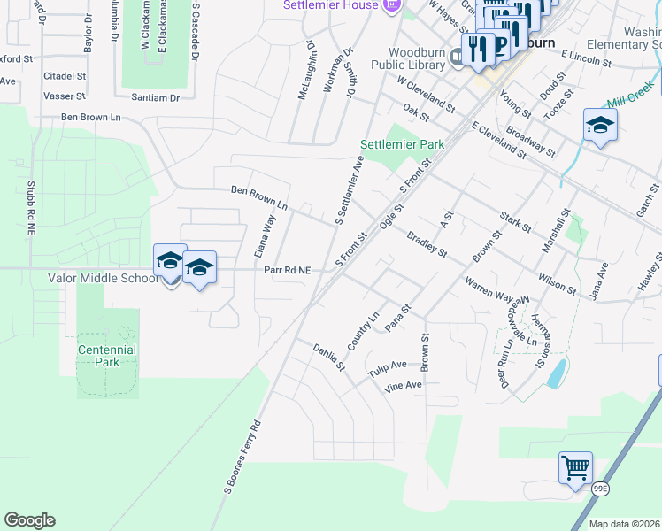 map of restaurants, bars, coffee shops, grocery stores, and more near 820 South Boones Ferry Road in Woodburn