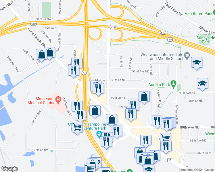 map of restaurants, bars, coffee shops, grocery stores, and more near 9114 University Avenue Northwest in Coon Rapids