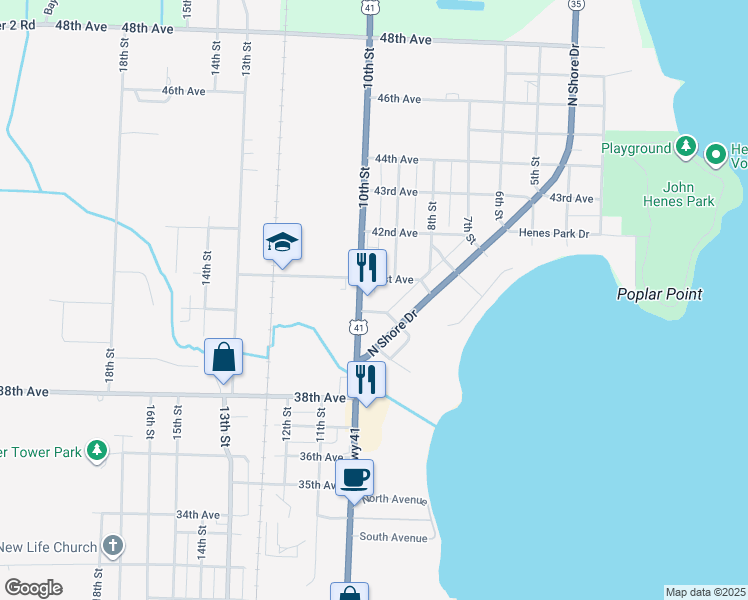 map of restaurants, bars, coffee shops, grocery stores, and more near 4000 10th Street in Menominee