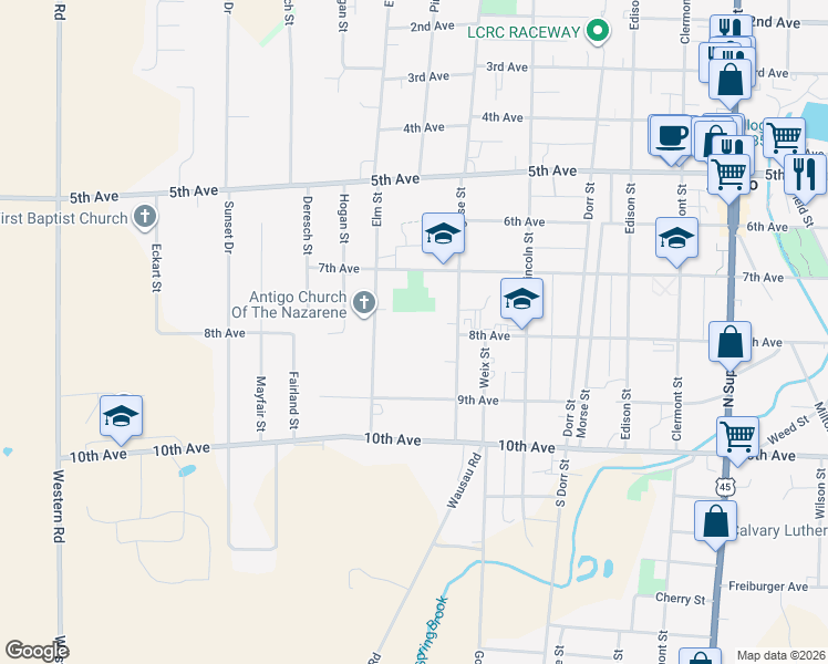 map of restaurants, bars, coffee shops, grocery stores, and more near 300-398 Deleglise Street in Antigo