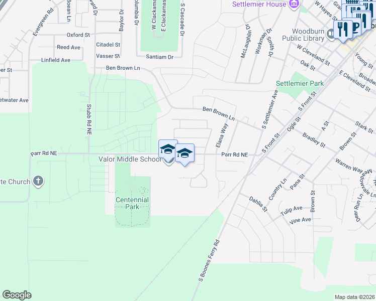 map of restaurants, bars, coffee shops, grocery stores, and more near 567 Wheat Street in Woodburn