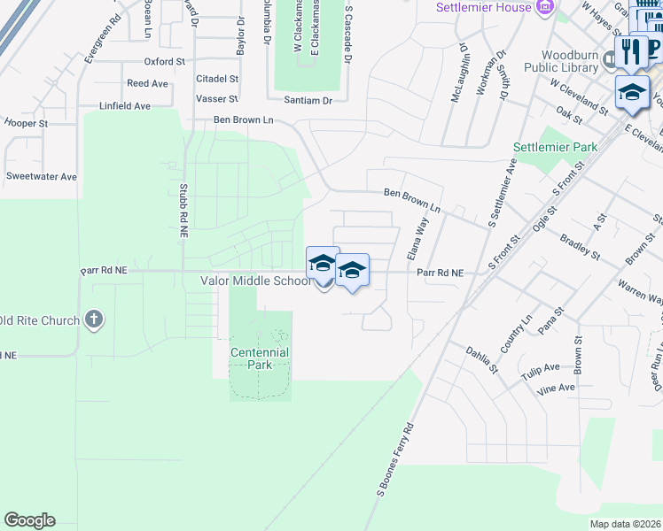 map of restaurants, bars, coffee shops, grocery stores, and more near 889 Fescue Avenue in Woodburn