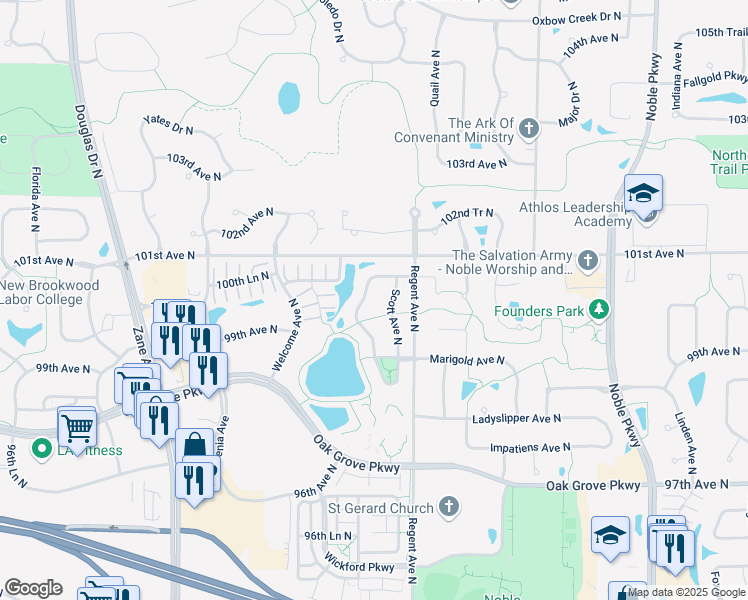 map of restaurants, bars, coffee shops, grocery stores, and more near 10036 Toledo Drive North in Minneapolis