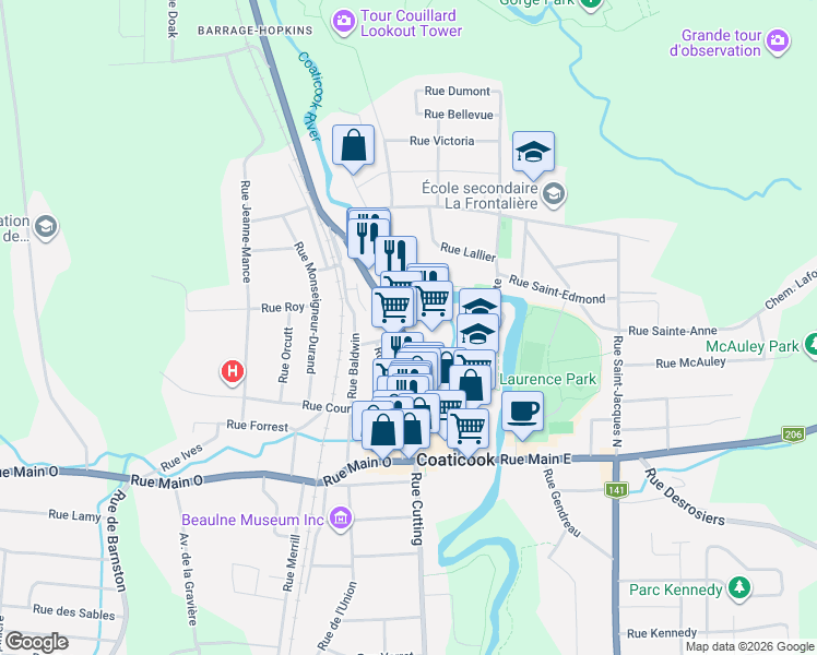 map of restaurants, bars, coffee shops, grocery stores, and more near 265 Rue Child in Coaticook