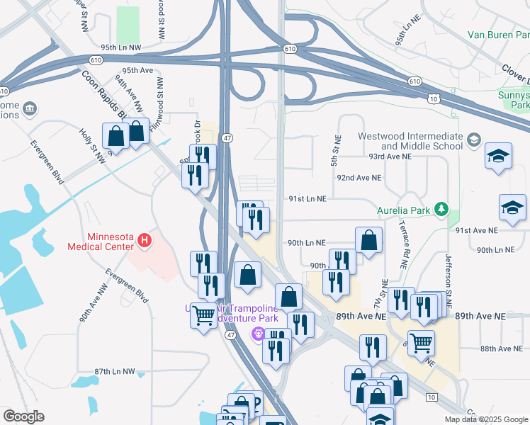 map of restaurants, bars, coffee shops, grocery stores, and more near 9124 Alder Street Northwest in Coon Rapids