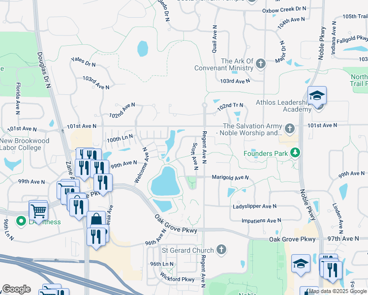 map of restaurants, bars, coffee shops, grocery stores, and more near 10036 Toledo Drive North in Minneapolis