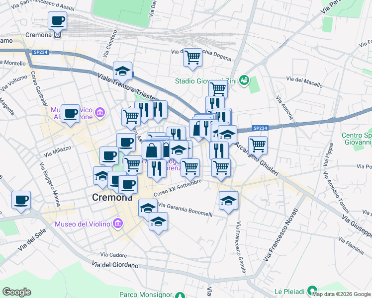 map of restaurants, bars, coffee shops, grocery stores, and more near in Cremona