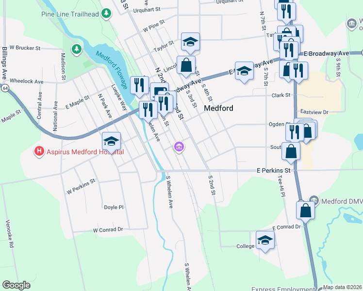 map of restaurants, bars, coffee shops, grocery stores, and more near 304 South Main Street in Medford