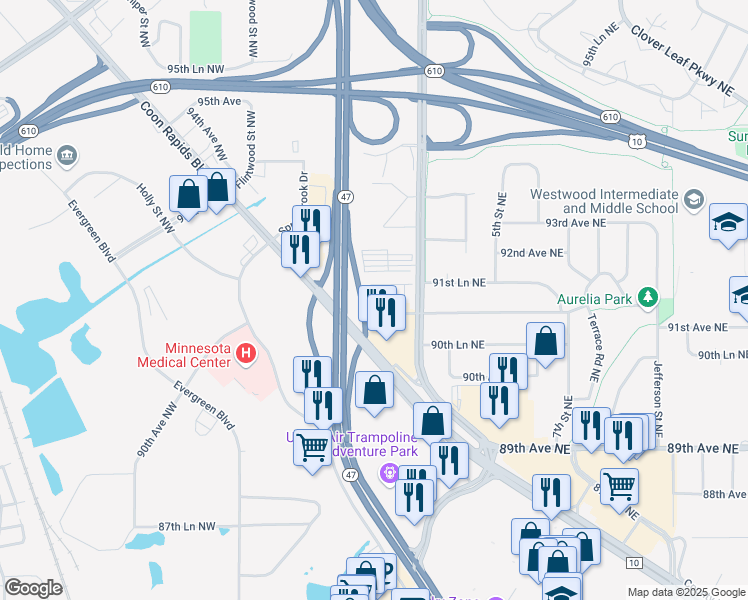 map of restaurants, bars, coffee shops, grocery stores, and more near 9126 Butternut Street Northwest in Coon Rapids