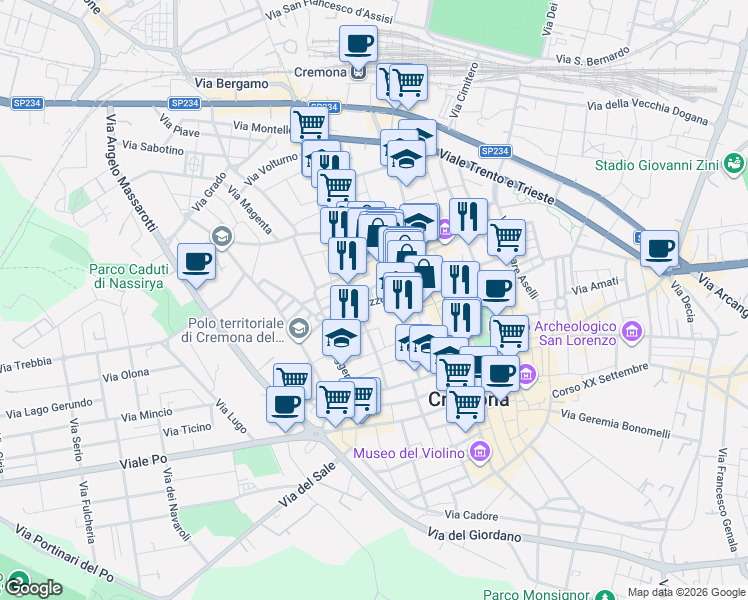 map of restaurants, bars, coffee shops, grocery stores, and more near 1 Via Polluce in Cremona