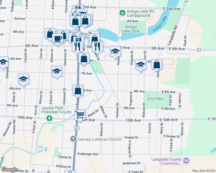 map of restaurants, bars, coffee shops, grocery stores, and more near 332 Field Street in Antigo