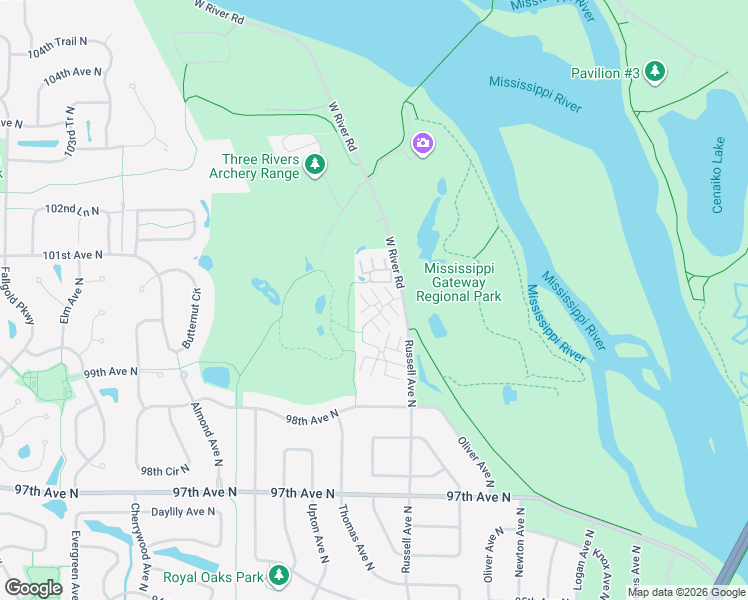 map of restaurants, bars, coffee shops, grocery stores, and more near 10035 Russell Avenue North in Brooklyn Park