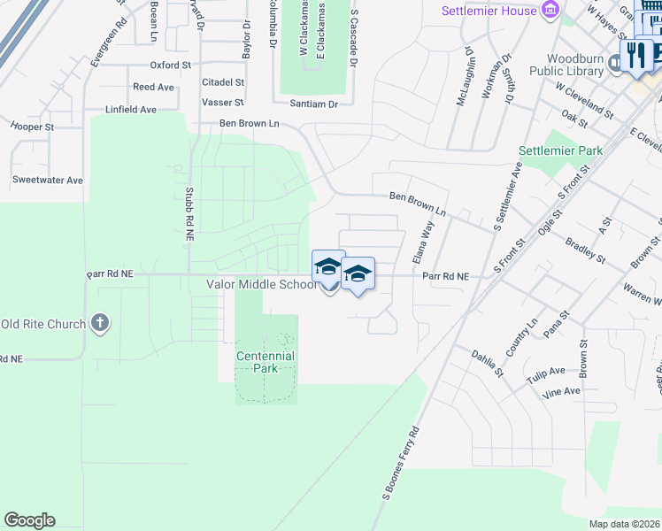 map of restaurants, bars, coffee shops, grocery stores, and more near 889 Fescue Avenue in Woodburn