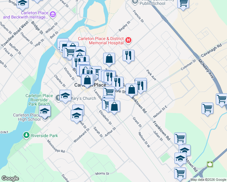 map of restaurants, bars, coffee shops, grocery stores, and more near 60 Moore Street in Carleton Place