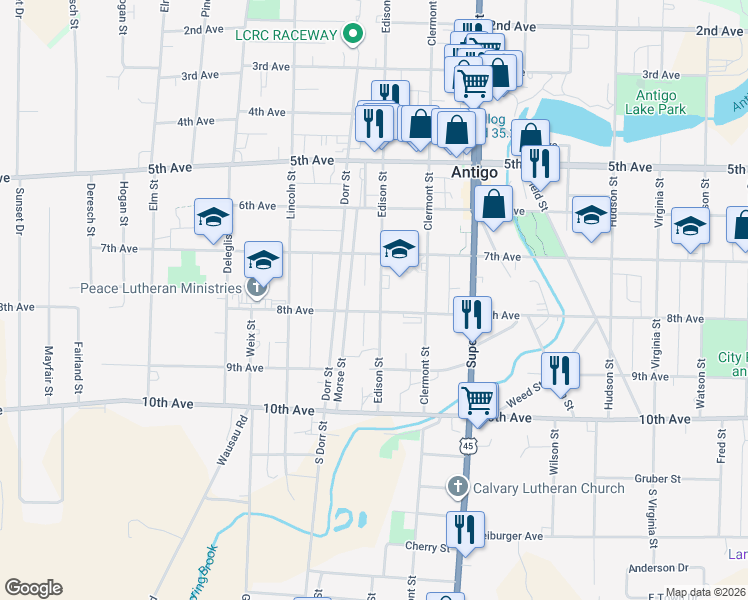 map of restaurants, bars, coffee shops, grocery stores, and more near 308 Edison Street in Antigo