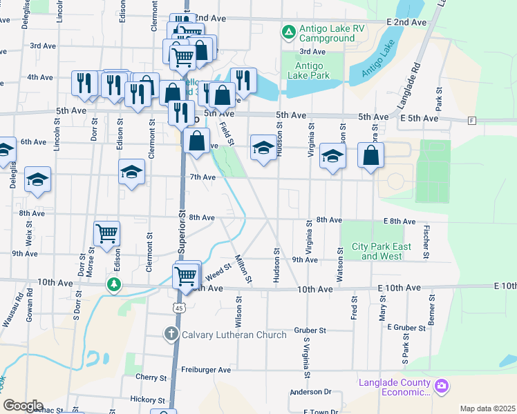 map of restaurants, bars, coffee shops, grocery stores, and more near 332 Field Street in Antigo