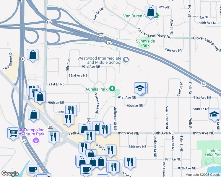 map of restaurants, bars, coffee shops, grocery stores, and more near 351 91st Avenue Northwest in Blaine