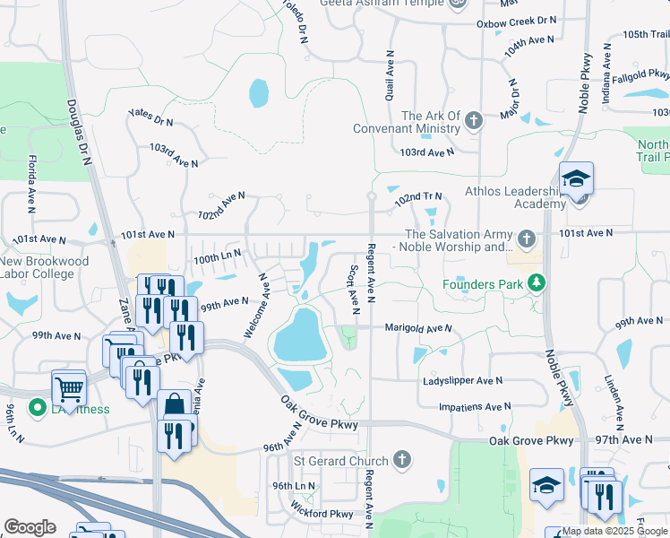 map of restaurants, bars, coffee shops, grocery stores, and more near 10036 Toledo Drive North in Minneapolis