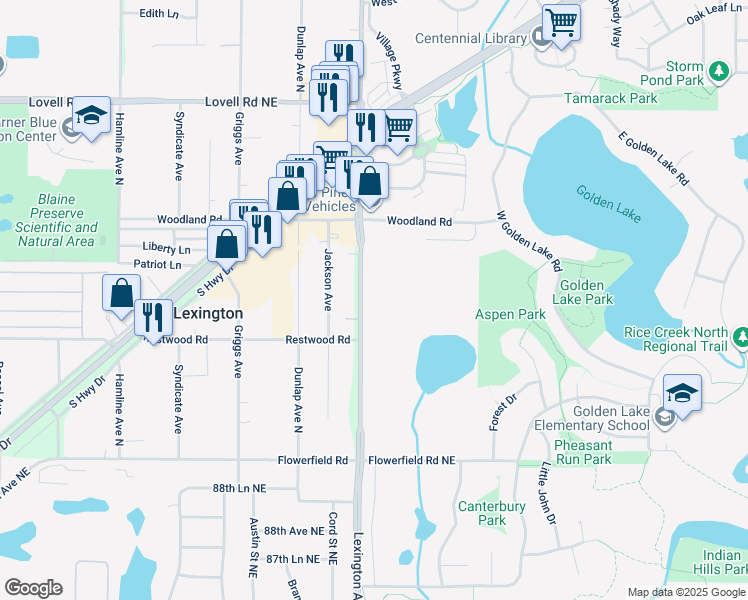 map of restaurants, bars, coffee shops, grocery stores, and more near 9065 Lexington Avenue Northeast in Circle Pines